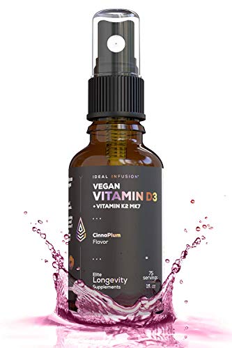 Vegan Vitamin D3 5000 iu with K2 (MK-7) Liquid Spray: Organic Plum with Cinnamon - Bone Health, Immune Support, Bone Structure (75 Servings)