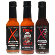 Load image into Gallery viewer, World&#39;s Hottest Xtreme Trio Hot Sauce Bundle - Elijah&#39;s Xtreme Gift Set includes the 3 hottest peppers in 3 sauces - Carolina Reaper, Ghost Pepper, and Trinidad Scorpion
