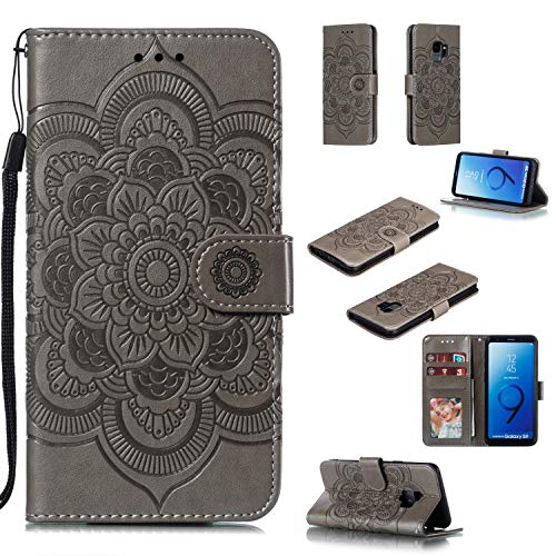 Cfrau Wallet Case with Black Stylus for Samsung Galaxy S9,Beautiful Mandala Sunflower Embossed PU Leather Magnetic Flip Stand Soft Silicone Card Slots Case with Wrist Strap - Gray